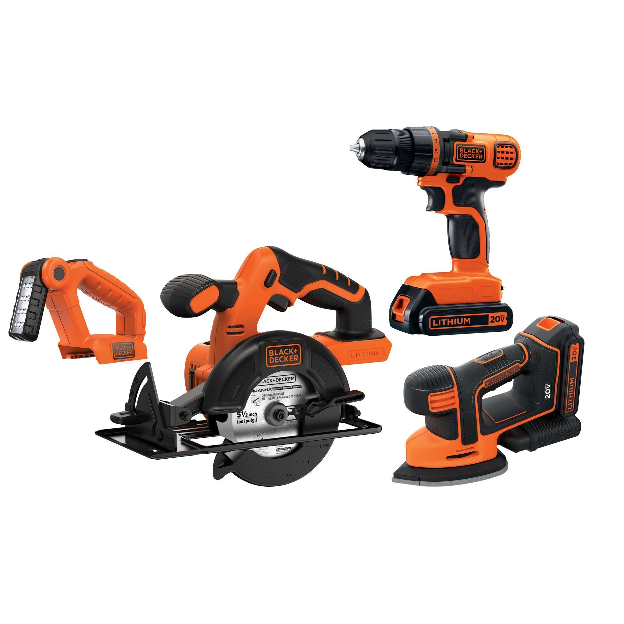 Black & Decker 20V MAX Lithium Ion 4-Tool Combo Kit — Drill/Driver, Circular Saw, MOUSE Detail Sander, Light, Model# BD4KITCDCMSL